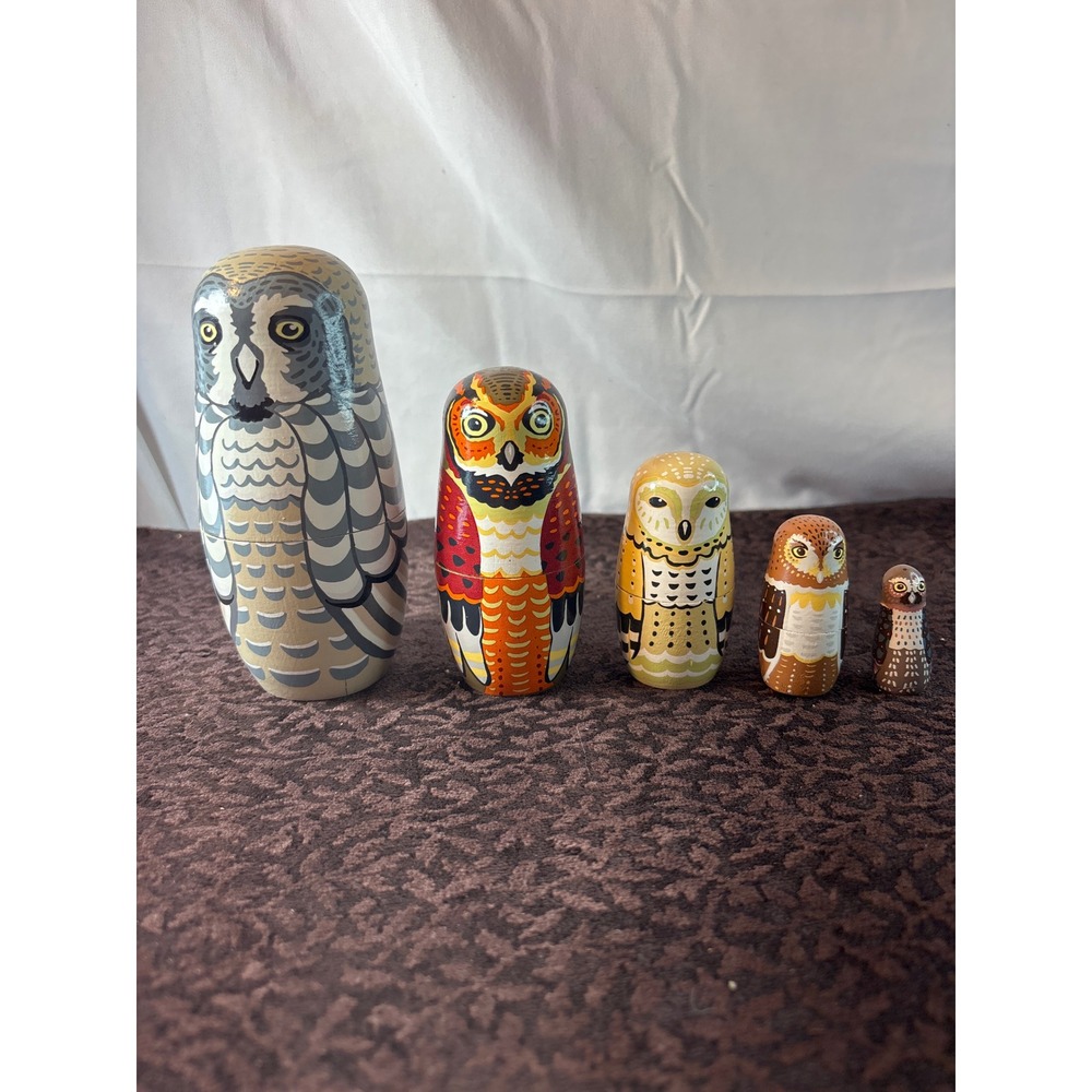 HearthSong Owl Nesting Dolls Set of 5 Hand Painted Wooden Matryoshka Birds